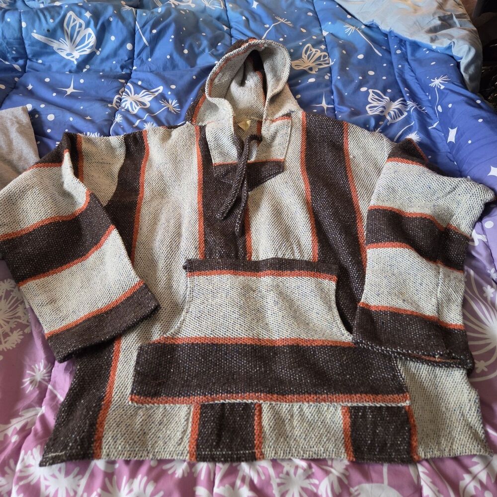 Vintage Baja Hoodie Mexican Blanket Drug Rug Surf Skater Pullover XL Y2K